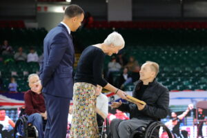Bob O'Shea receives his award into the GBWR Hall of Fame during the 2023 Wheelchair Rugby European Championsip in Cardiff.
