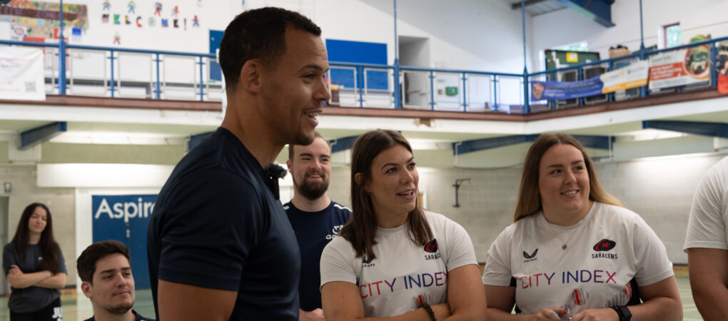 GBWR athletes David Ross and Ollie Mangion, GBWR CEO Jason Brisbane and Saracens players Kelsey Clifford and Louise McMillan during training session in London.
