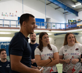GBWR athletes David Ross and Ollie Mangion, GBWR CEO Jason Brisbane and Saracens players Kelsey Clifford and Louise McMillan during training session in London.