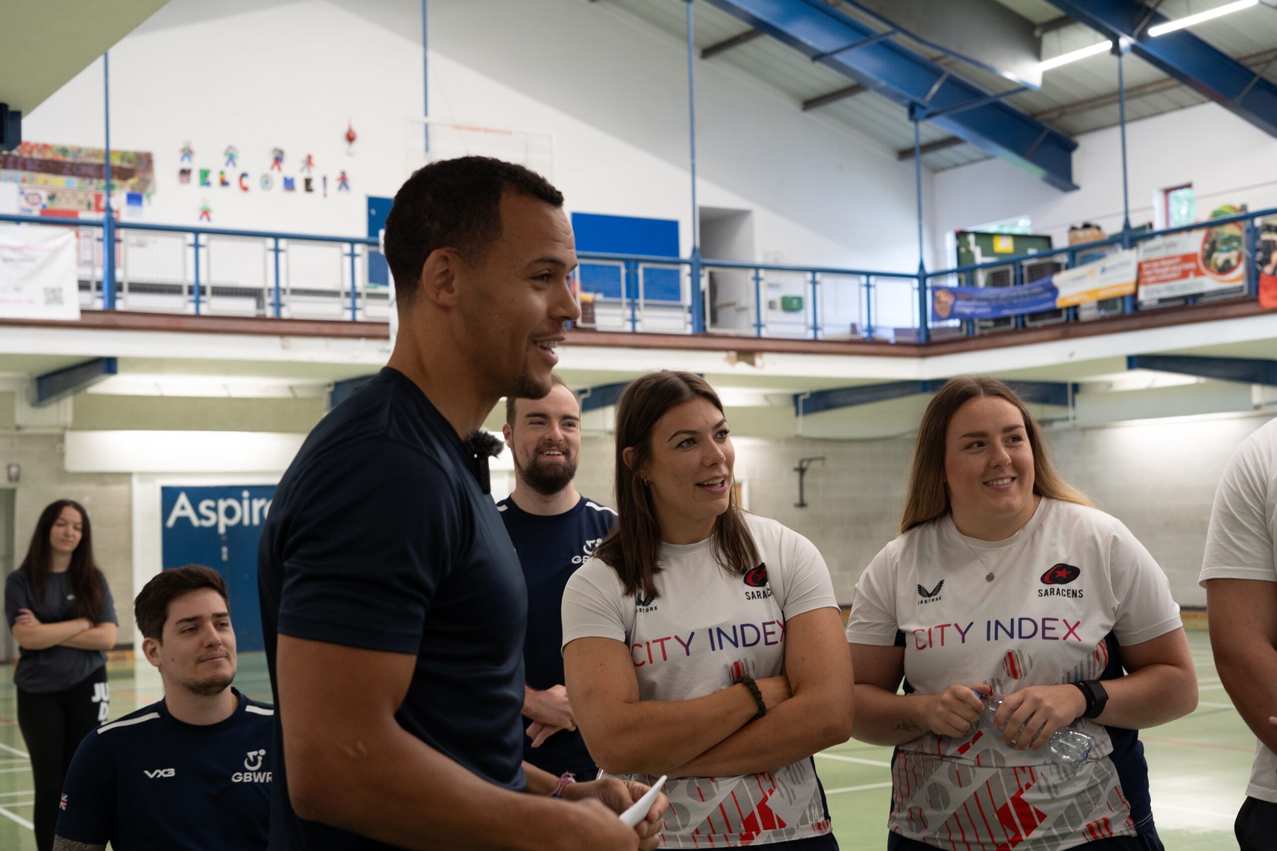 GBWR athletes David Ross and Ollie Maglion, GBWR CEO Jason Brisbane and Saracens players Kelsey Clifford and Louise McMillan during training session in London.