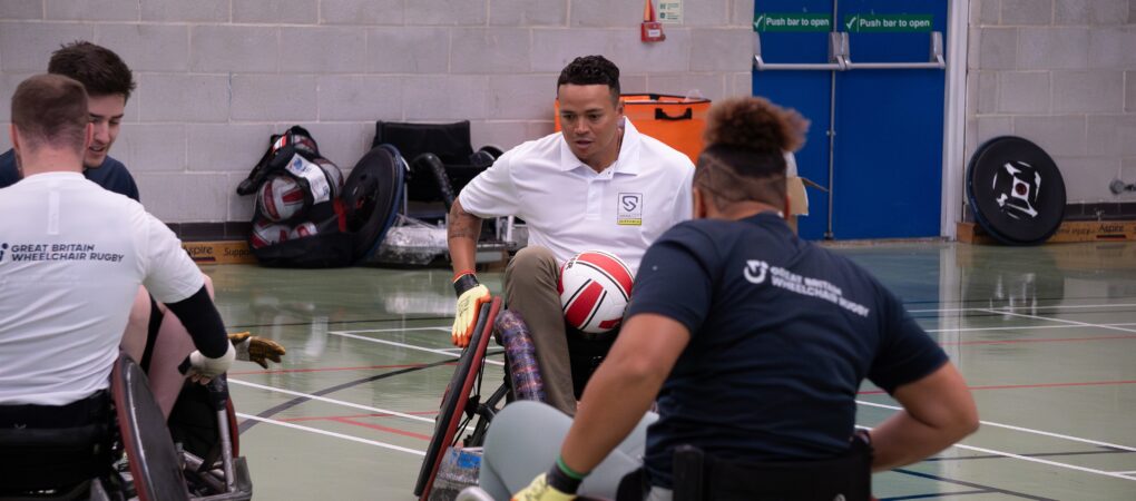 Socios.com Sports Ambassador Jermaine Jenas, GBWR Ambassador Shanaugh Brown, GBWR athlete David Ross and Harlequins player Hayden Hyde pictured playing wheelchair rugby during training session in London.