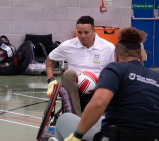 Socios.com Sports Ambassador Jermaine Jenas, GBWR Ambassador Shanaugh Brown, GBWR athlete David Ross and Harlequins player Hayden Hyde pictured playing wheelchair rugby during training session in London.