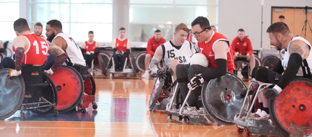 Picture of wheelchair rugby players during talent USA development camp in 2022.