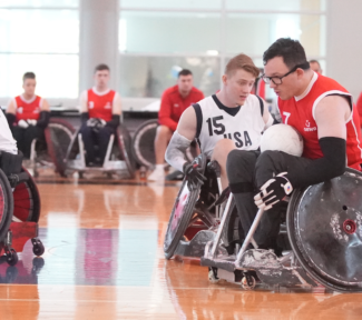 Picture of wheelchair rugby players during talent USA development camp in 2022.