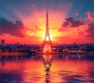 Pris Eifel Tower at night - red sky