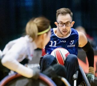 Kieran Flynn playing wheelchair rugby at the Canada Cup