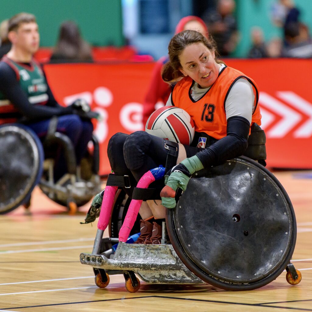 Helen Thompson playing wheelchair rugby