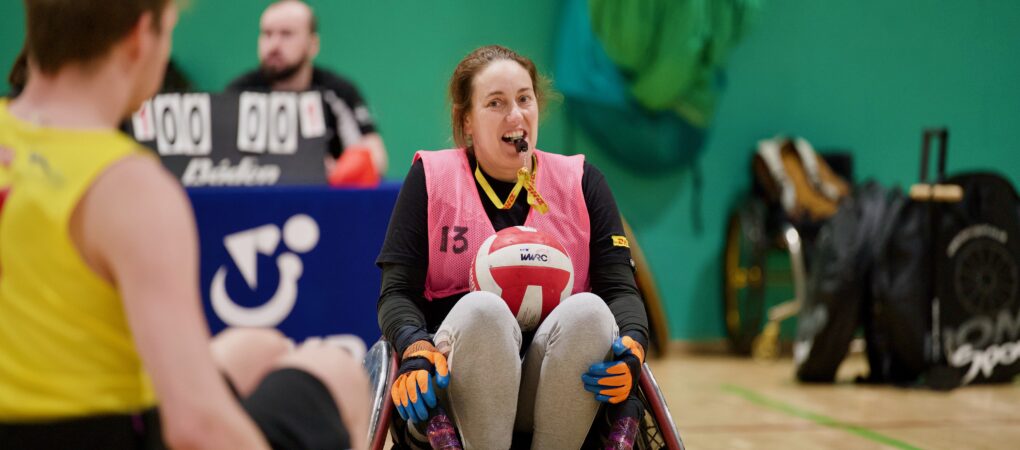 Helen Thompson playing wheelchair rugby