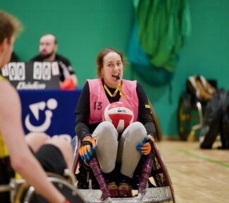 Helen Thompson playing wheelchair rugby